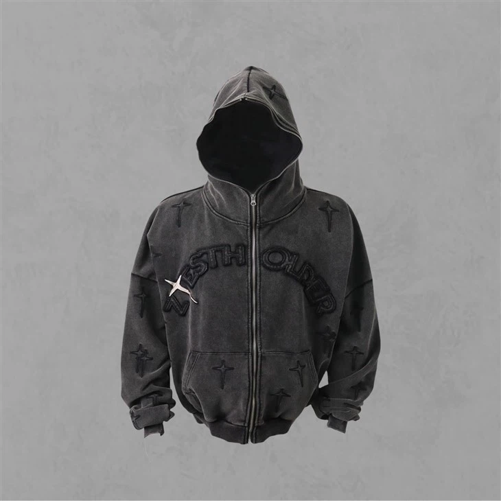 Embroidery Washed Appl Zipper Up Hoodie